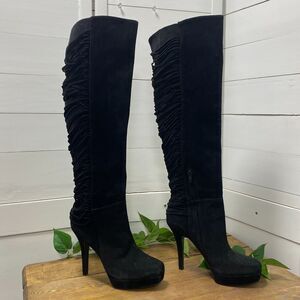 Nine West Over The Knee BLACK SUEDE Leather Fringe Stiletto Heels Boots 7 1/2